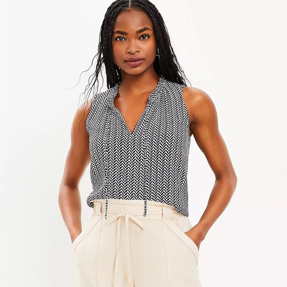 LOFT Petite Chevron Ruffle Tie Neck Shell